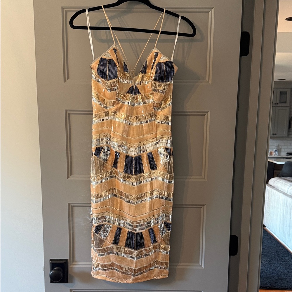 Pale peach silver and blue sequins dress